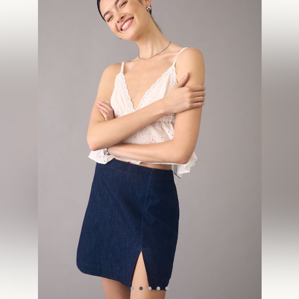 Anthropologie Navy Denim Mini Skirt with Front Slit